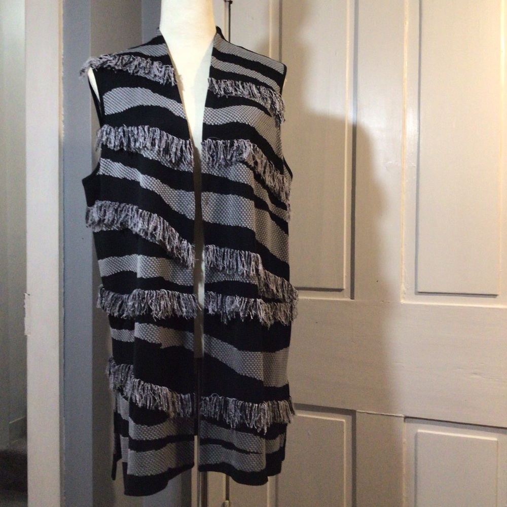 Ming Wang Animal Print Asymmetrical Fringe Vest JT